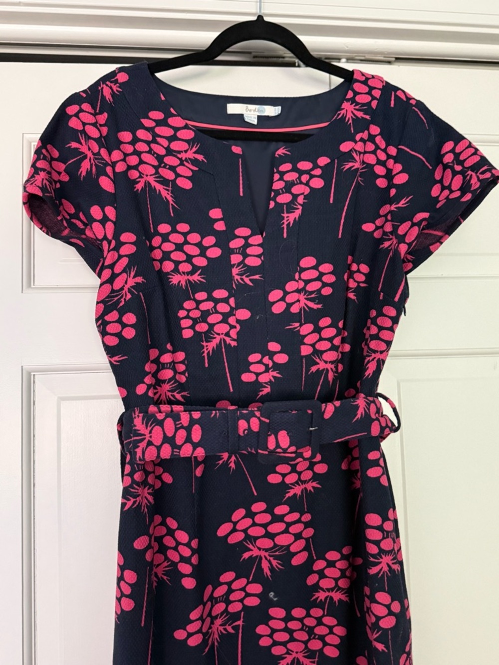 Boden Navy Midi Dress with Hot Pink Floral Print and Self-Tie